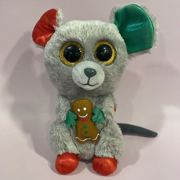2015 Ty Beanie Boos MAC the Christmas Mouse Red/Green/Grey w Gingerbread Man EUC - Picture 1 of 8